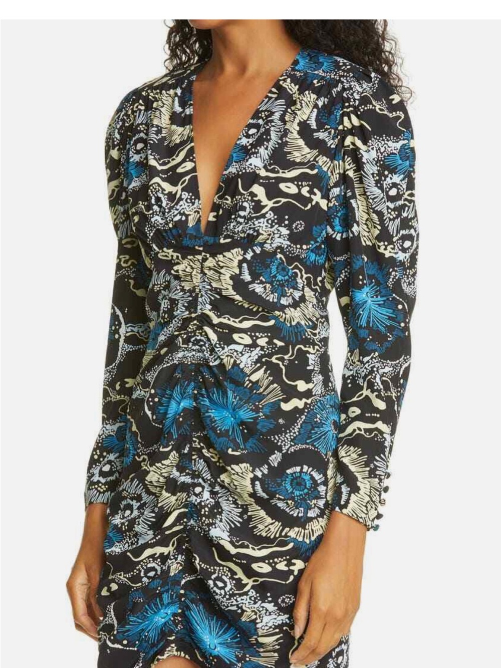 A.L.C. Silk Black Floral-Print Long-Sleeve Dress with Blue & Cream Accents